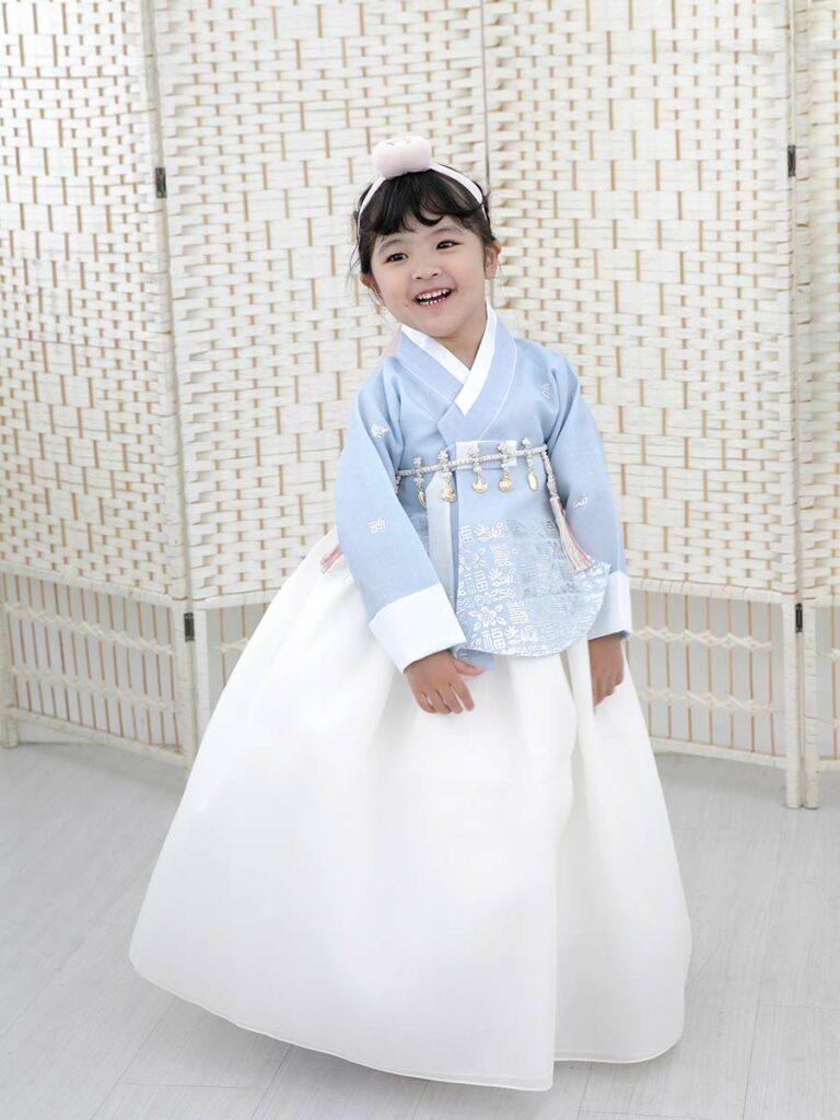 Silver Foiled Imperial Style Girls Hanbok in Skyblue from