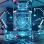 K-Beauty Infrastructure 2026 A modern, high-tech conceptual 3D visualization of a K-Beauty "Foundry." A large, glowing glass serum bottle sits at the center of a futuristic laboratory, filled with glowing, complex molecular structures instead of liquid. Precise robotic arms flank the bottle, adding drops of formula, set against a nighttime Seoul skyline and a sleek observation deck. The image represents the sophisticated infrastructure of Korean beauty manufacturing.