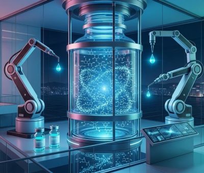 K-Beauty Infrastructure 2026 A modern, high-tech conceptual 3D visualization of a K-Beauty "Foundry." A large, glowing glass serum bottle sits at the center of a futuristic laboratory, filled with glowing, complex molecular structures instead of liquid. Precise robotic arms flank the bottle, adding drops of formula, set against a nighttime Seoul skyline and a sleek observation deck. The image represents the sophisticated infrastructure of Korean beauty manufacturing.