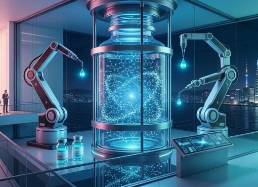 K-Beauty Infrastructure 2026 A modern, high-tech conceptual 3D visualization of a K-Beauty "Foundry." A large, glowing glass serum bottle sits at the center of a futuristic laboratory, filled with glowing, complex molecular structures instead of liquid. Precise robotic arms flank the bottle, adding drops of formula, set against a nighttime Seoul skyline and a sleek observation deck. The image represents the sophisticated infrastructure of Korean beauty manufacturing.