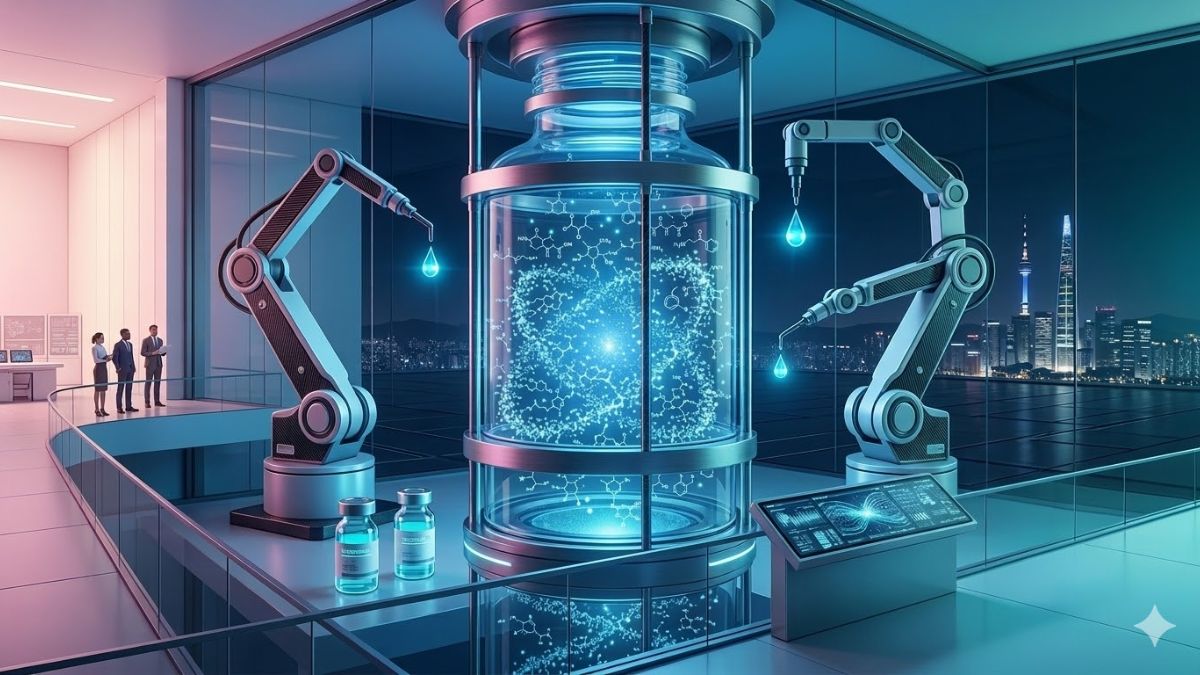 K-Beauty Infrastructure 2026 A modern, high-tech conceptual 3D visualization of a K-Beauty "Foundry." A large, glowing glass serum bottle sits at the center of a futuristic laboratory, filled with glowing, complex molecular structures instead of liquid. Precise robotic arms flank the bottle, adding drops of formula, set against a nighttime Seoul skyline and a sleek observation deck. The image represents the sophisticated infrastructure of Korean beauty manufacturing.