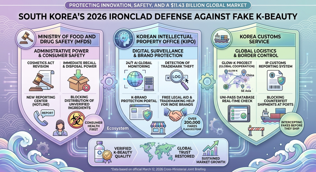 An infographic titled "South Korea’s 2026 Ironclad Defense Against Fake K-Beauty." The visual shows a three-pillar strategy involving the Ministry of Food and Drug Safety (MFDS) for legal enforcement, the Korean Intellectual Property Office (KIPO) for AI digital surveillance, and the Korea Customs Service for global logistics and border control. Key data points include the $11.43 billion global market protection and the detection of over 200,000 fakes per year.