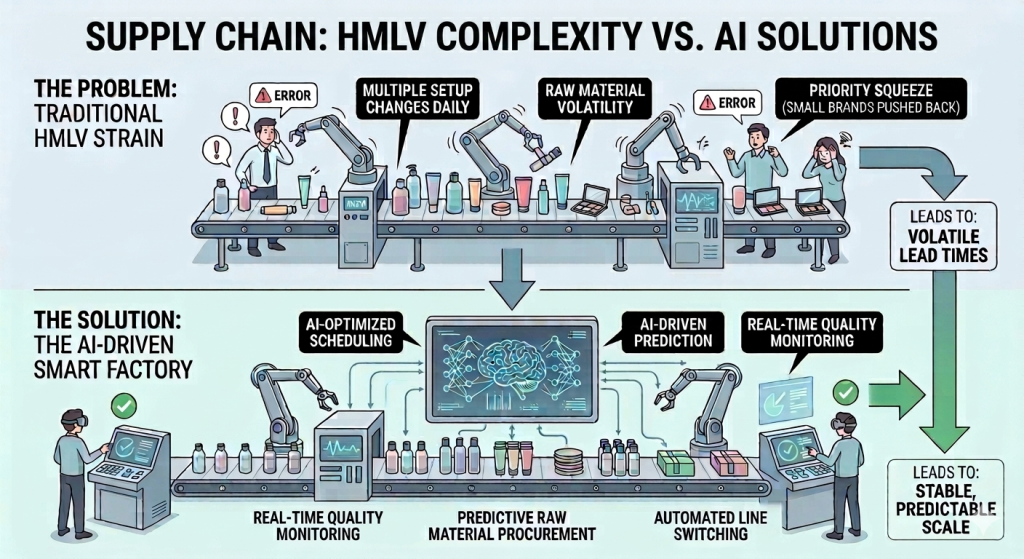 A two-part horizontal infographic illustrating supply chain challenges and solutions. The top section, labeled "The Problem," shows a chaotic manual assembly line struggling with material volatility and lead time errors. The bottom section, "The Solution," shows an AI-driven smart factory with VR-integrated workers, robotic precision, and automated line switching, leading to stable and predictable scale for multiple beauty brands.