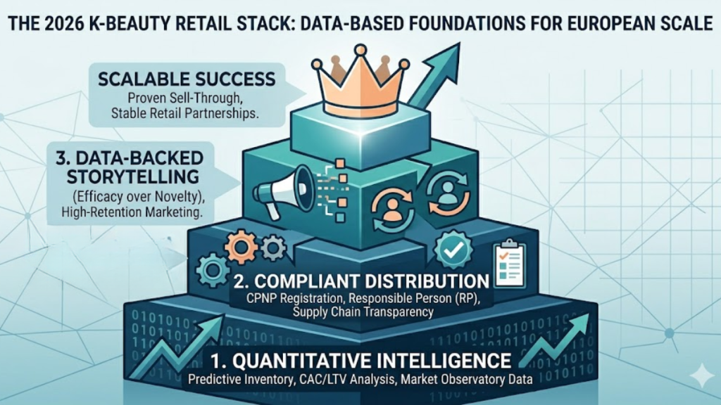 A stacked conceptual diagram titled "THE 2026 K-BEAUTY RETAIL STACK: DATA-BASED FOUNDATIONS FOR EUROPEAN SCALE." The graphic shows four distinct interlocking blocks. The large, foundational base block is "1. QUANTITATIVE INTELLIGENCE," featuring icons of predictive inventory, CAC/LTV analysis, and binary code. The next block up is "2. COMPLIANT DISTRIBUTION," with icons of interlocking gears, a clipboard, and regulatory checkmarks. The third block is "3. DATA-BACKED STORYTELLING," emitting targeted messaging and repeat-customer icons. The crowning capstone is "SCALABLE SUCCESS," shaped like a shining crown with an upward arrow. 